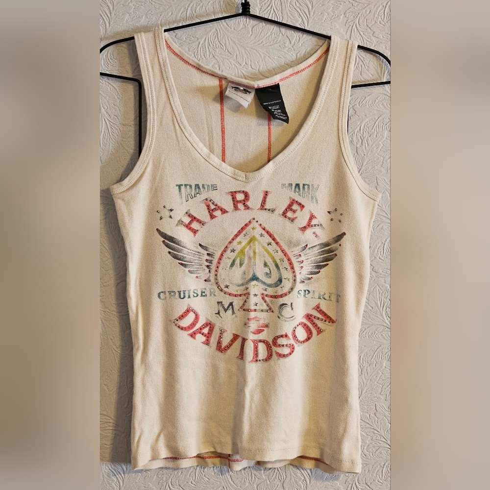 Harley-Davidson Cream Tank Top with Red and Green Graphic